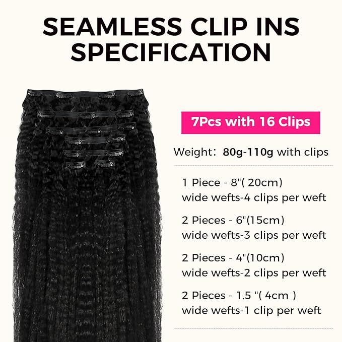 Lashey Seamless Clip in Hair Extensions Human Hair #1 Jet Black Kinky Straight Clip in Hair Extensions Real Human Hair 7pcs 110g 20 Inch PU Weft Natural Hair Extension for Women