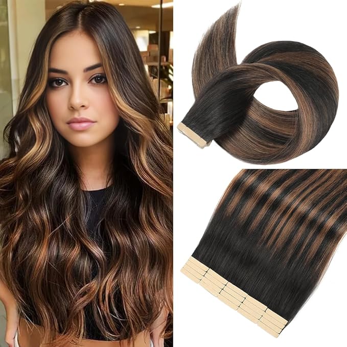 Tape in Hair Extensions Human Hair Natural Black Mixed Chestnut Brown 22 Inch 20Pcs Tape Ins for Women Straight Invisible Seamless Remy