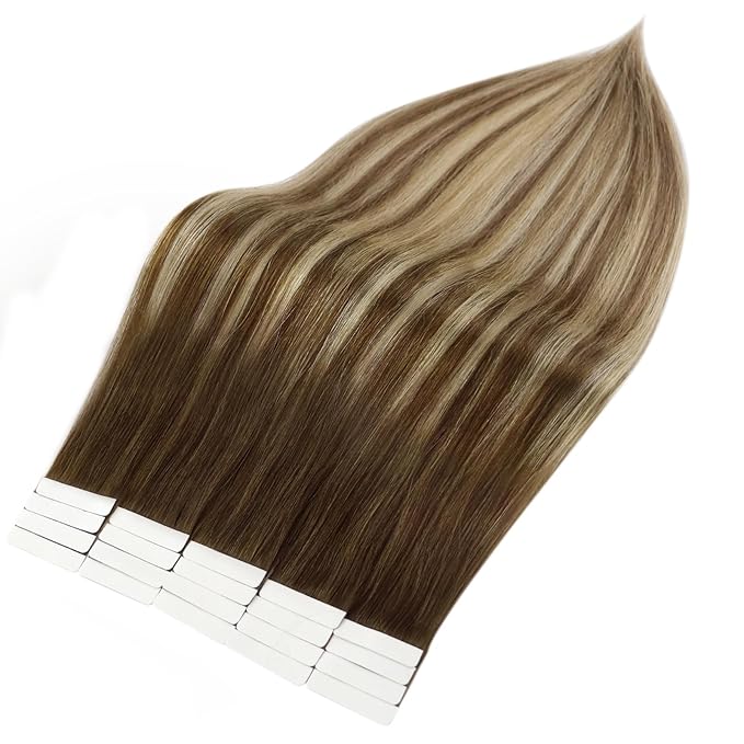 Full Shine Invisible Tape in Hair Extensions Human Hair Color 4 Brown Ombre 27 Blonde and 8 Brown Highligt 60 Hair Extensions Tape in 22 Inch Balayage Tape in Extensions Remy Hair 20 Pcs 50G Soft
