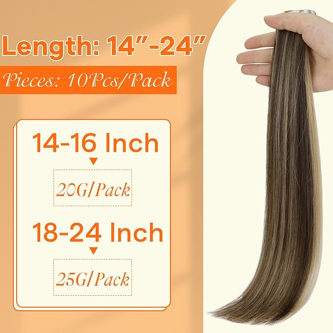 Full Shine Invisible Tape in Hair Extensions Human Hair 20Inch Color BM Injection Virgin Tape in Extensions 25Grams Seamless Skin Weft Human Hair Extensions Tape ins 10Pcs Add Length