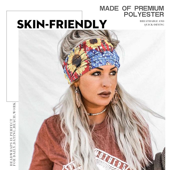 Olbye Wide Boho Headbands Turban Elastic Hairbands Nonslip Floral Bandana Workout Yoga Hair Scarfs Running Sweatband African Head Wraps Bohemian Hair Accessories for Women (F- Flower)