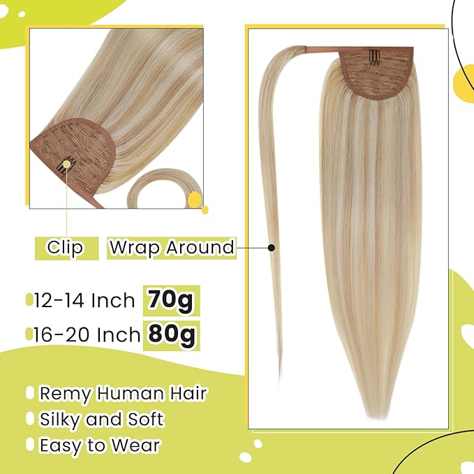 RUNATURE Ponytail Extension Human Hair Blonde, Real Human Hair Ponytail, Wrap Around Ponytail Hair Extensions Remy Straight Hair 18 Inch 80g #18P613 Ash Blonde Highlight Platinum Blonde