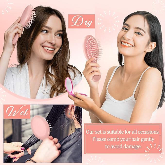 Meanplan 24 Pcs Mini Hair Brush Set 12 Travel Wet Dry Hair Combs Pocket Detangling 12 Compact Folding Makeup Mirrors for Spa Sleepover Birthday Bridal Shower Bachelorette Christmas Party Gift (Pink)