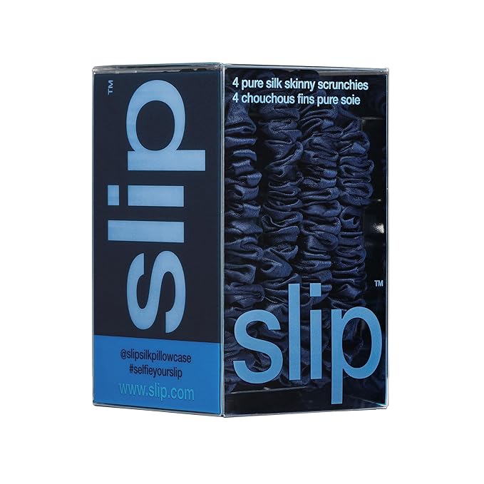 slip Skinny Scrunchies: Anti-Crease, Anti-Breakage Slipsilk™ Design Protects Delicate Hair | Includes 4 Pure Silk Scrunchies: Navy