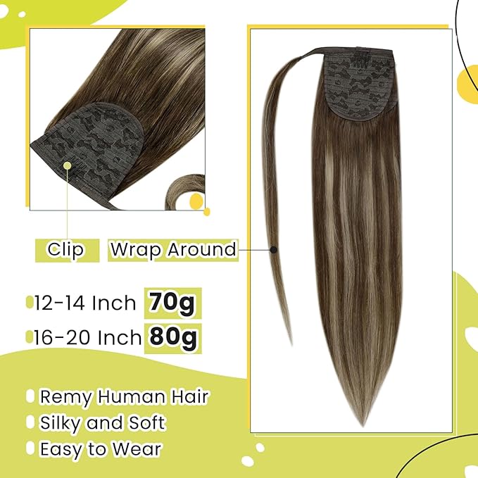 RUNATURE Ponytail Extension Human Hair, Balayage Human Hair Ponytail, Real Hair Ponytail Extension with Magic Paste, Easy to Install, 14 Inch 70g #4/27/4 Medium Brown to Honey Blonde Highlights