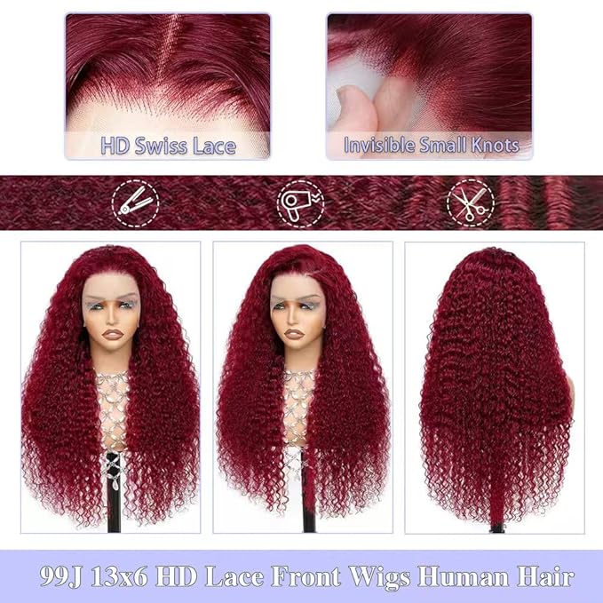 28 Inch Burgundy Wig Human Hair 13x6 Deep Wave Lace Front Wigs 200 Density 99j Burgundy HD Lace Front Wigs Human Hair Pre Plucked Red Colored Deep Curly Wig for Women
