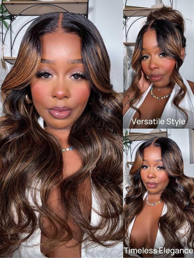 YIROO Bye Bye Knots 7x5 HD Lace Glueless Wig Human Hair Highlight Ombre Brown Body Wave Wig with Elastic Drawstring, Pre Cut Pre Plucked Pre Bleached Invisible Knots Put On and Go 150% Density 18Inch