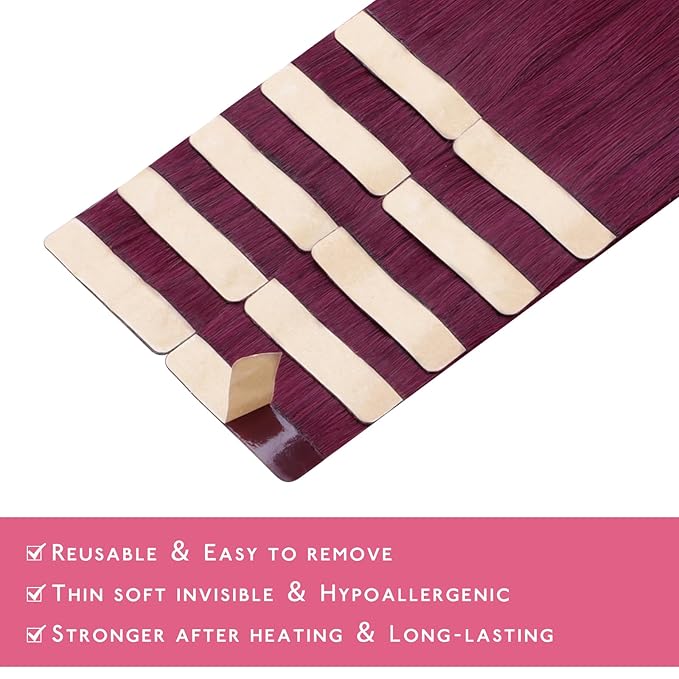 WENNALIFE Tape in Hair Extensions Human Hair Light Burgundy Tape in Extensions, 10pcs 30g 26 inch Remy Invisible Tape Ins Straight Colored Soft Real Human Hair Tape in Extensions Refill Set Extensions