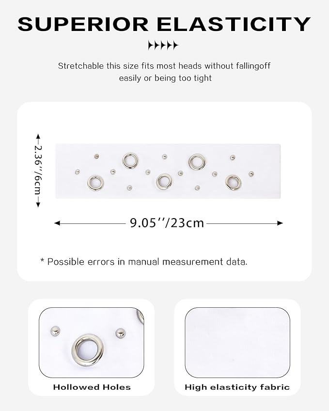 Grommet Headband for Women, White Round Studs 23cm Hollow Out Elastic Hair Band, Eyelets Punk Grunge Stylish Hairband