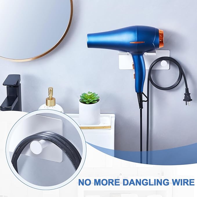 Hair Dryer Holder Wall Mounted, Blow Dryer Holder Adhesive, Metal Hairdryer Holder for Bathroom, Hair Tool Organizer with Plug&Cord for Cabinet Bathroom Bedroom Barber Shops