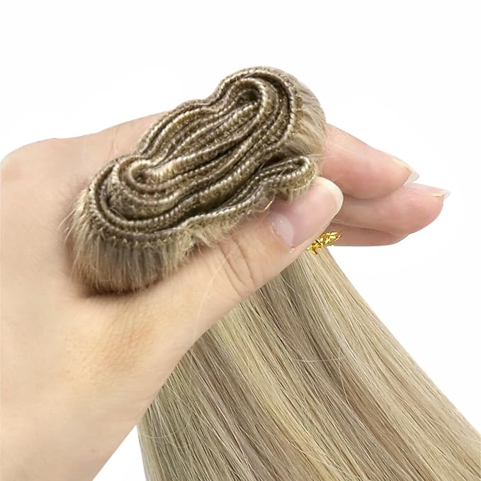 YoungSee Sew in Hair Extensions Real Human Hair Highlight Hair Weft Extensions Dark Ash Blonde Highlighted Light Blonde Soft Human Hair Extensions Sew in for Women 20In 100G