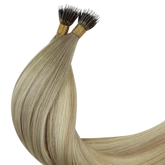 YoungSee Nano Ring Hair Extensions Human Hair Ombre Blonde Nano Beads Real Hair Extensions Balayage Ash Blonde Ombre Platinum Blond Nano-Link Hair Extension Real Human Hair Balayage 20Inch 50G 50S