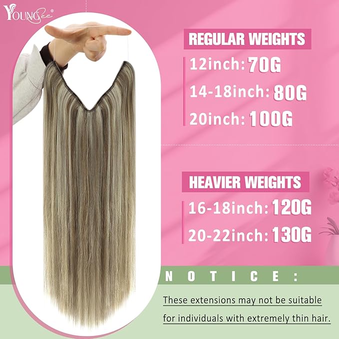 YoungSee Wire Hair Extensions Human Hair Highlight Hair Extensions Wire Light Brown Highlights Blonde Fish Line Hair Extension Real Human Hair for Women 16In 80G