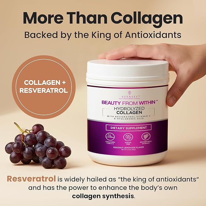 VITASEI Hydrolyzed Collagen Peptides Powder with Resveratrol & Vitamin C – Hair, Skin & Joint Support – Colágeno Hidrolizado for Women & Men – Refreshing Coconut Lemonade Flavor, 16 oz (30 Servings)