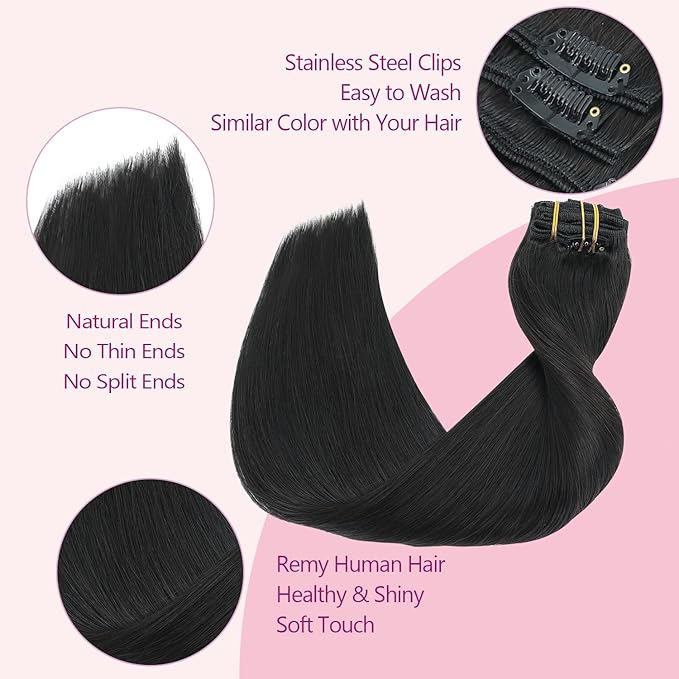 PINKPEARL Clip in Human Hair Extensions #1B Natural Black Clip in Hair Extensions Real Human Hair 22 inch Remy Hair 120g 7pcs Straight Natural Human Hair Clip ins(#1B-22)