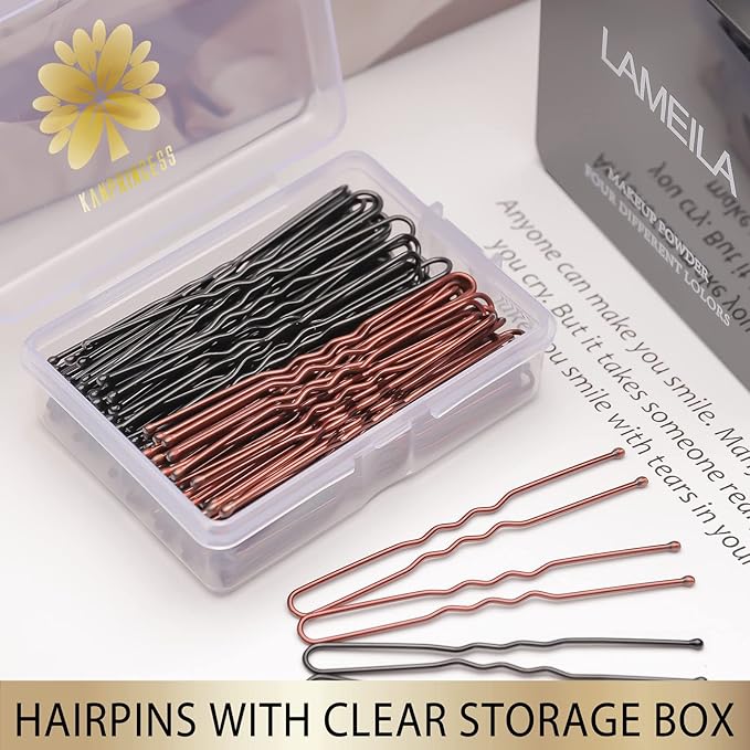 100PCS 2.4Inch U Shaped Hair Pins Black,Brown Bobby Pins for All Hair Types,Hair Pins for Women,Pain-Free U Pins for Buns With Box（Black+Brown）
