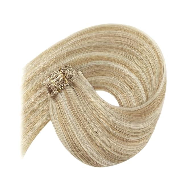 Ve Sunny Blonde Clip in Hair Extensions Human Hair Clip in Extensions Highlight Caramel Blonde with Platinum Blonde Real Hair Extensions Clip in Human Hair Any Occasion 120g 24 Inch