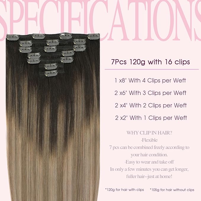 PINKPEARL Clip in Hair Extensions Real Human Hair #2/6/18 Balayage Dark Brown to Chestnut Brown and Ash Blonde 7pcs 120g 20inch Ombre Remy Human Hair Extensios Clip ins(#2/6/18-20)