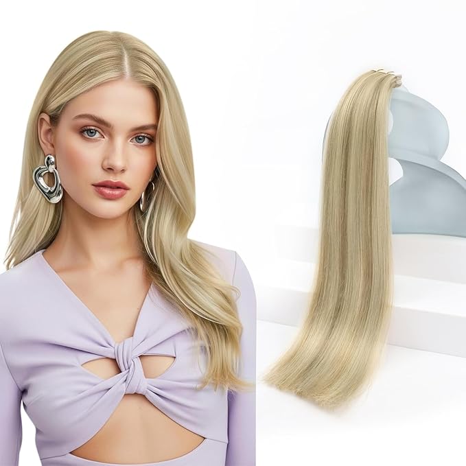 Sunny Hair Tape in Hair Extensions Real Human Hair Invisible Remy Hair Extensions Tape ins for Women Dark Blonde Highlights Light Blonde 24 inch 20Pcs 50G