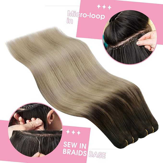 YoungSee 100G Sew in Hair Extensions Real Human Hair Ombre Blonde Weft Hair Extensions Brown Roots to Golden Blonde Mix Platinum Blond Weft Extensions for Short Hair 14Inch