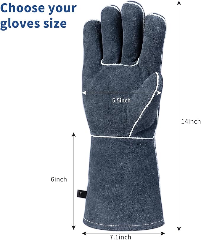Welding Gloves Fire Heat Resistant Fireproof Leather for Welding Fire Pit Wood Stove Campfire Furnace BBQ Baking,Grill Oven Stick Mig Tig Gear Gift for Man L