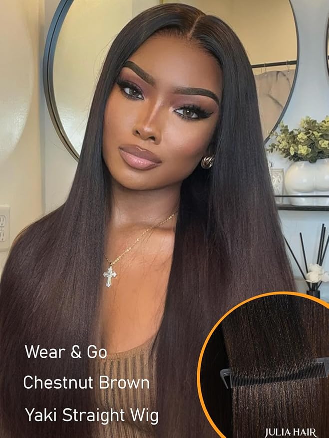 Julia Hair Chestnut Brown Ombre Yaki Straight 7x5 Pre Cut HD Lace Put On and Go Wig Bye Bye Knots Glueless Human Hair Wigs with Invisi Drawstring Pre Plucked Bleached Knots Beginner Friendly 22 Inch