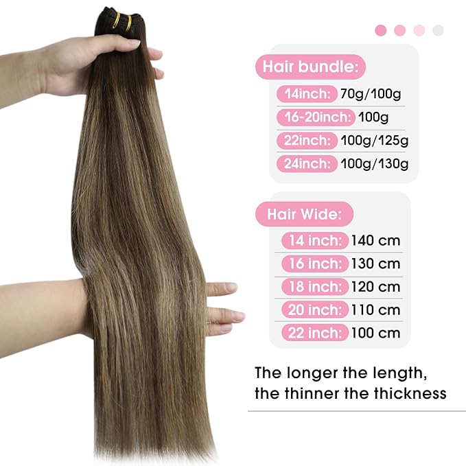 YoungSee Weft Hair Extensions Balayage Sew in Hair Extensions Dark Brown Ombre Caramel Blonde Mix Brown Human Hair Weft Extensions for Women 16Inch 100G