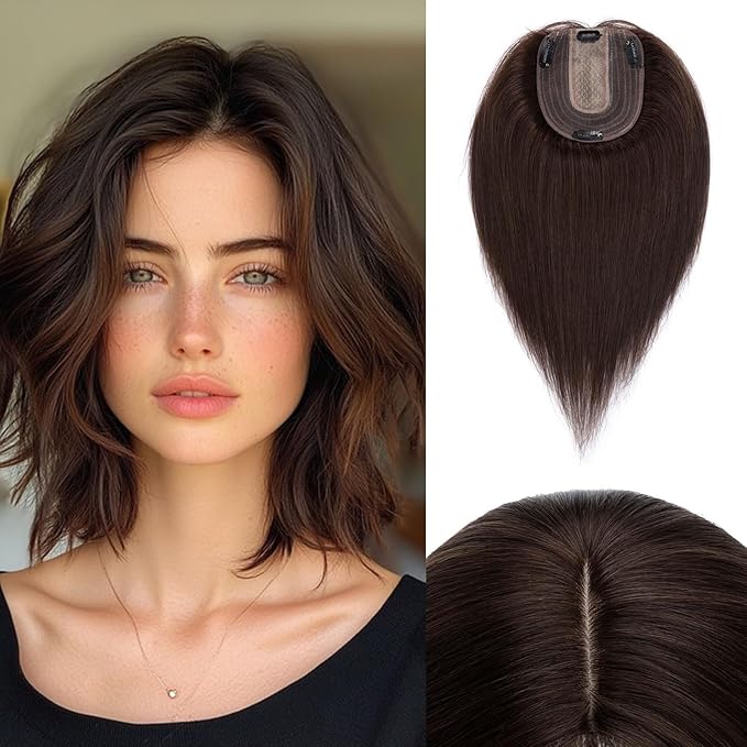 Rich Choices Hair Toppers for Women Real Human Hair NO Bangs 100% Human Remy Toppers for Women with Thinning Hairs on Top Clip in Hairpiece 4"x4.7" Large Lace Base 16 Inch #2 Dark Brown