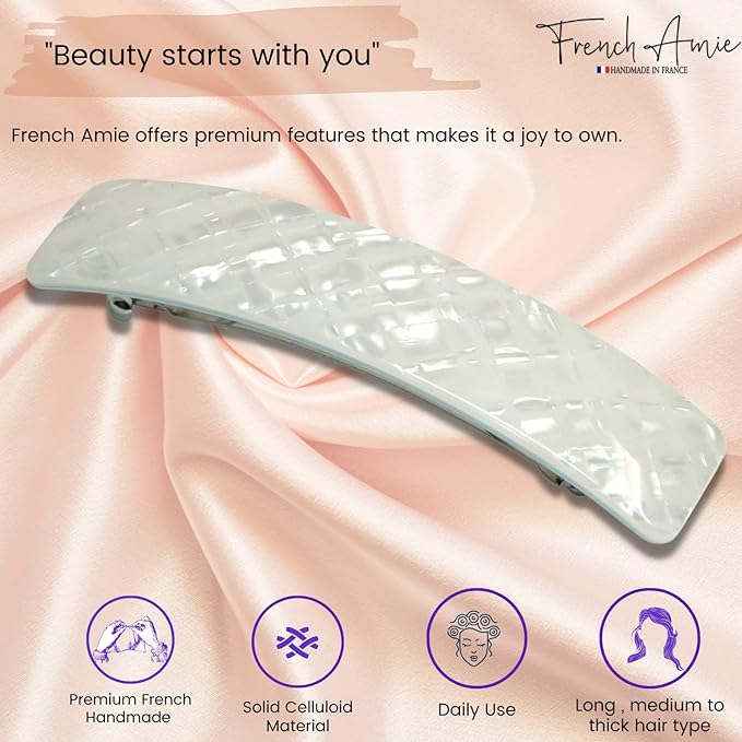 French Amie Long Rectangle Large 4” Frost White Handmade Celluloid Automatic Hair Clip Barrette (Frost White)
