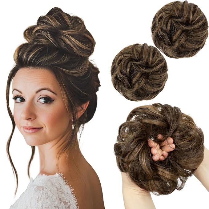 SARLA 2PCS Messy Hair Bun Hair Pieces Wavy Curly Synthetic Updo Fake Scrunchies Ponytail Extension for Women Coffee Brown