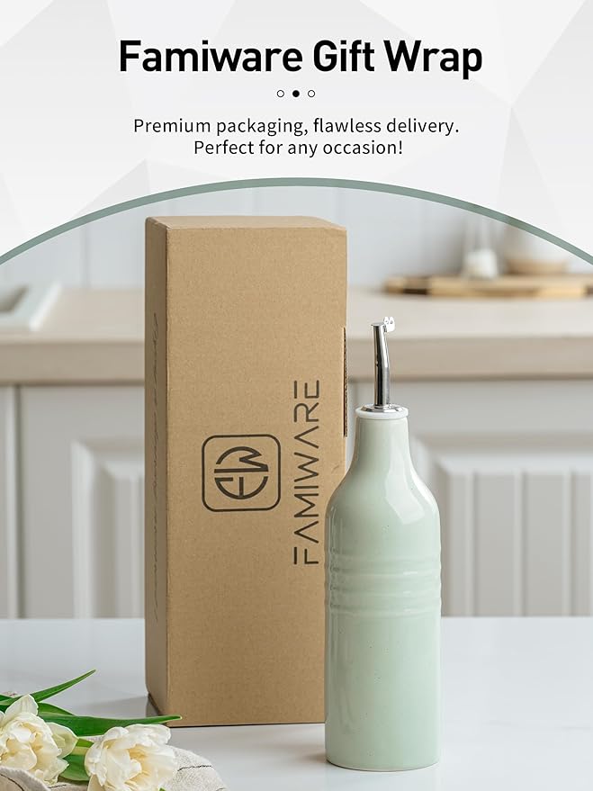 famiware Jupiter 16oz Ceramic Olive Oil Dispenser Bottle, 1 Piece Oil Dispenser for Kitchen with Stainless Steel Pourers, Suitable for Storage Vinegar, Soy Sauce, Coffee Syrup, Light Green