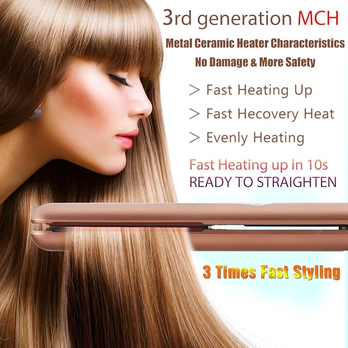 NITION Ceramic Tourmaline Hair Straighteners LCD Flat Iron MCH 10s Fast Heating Up. 1" Smooth 3D Floating Plate Healthy Straightening Tools. Travel Pouch Bag. Dual Voltage. Elegant Gift Box