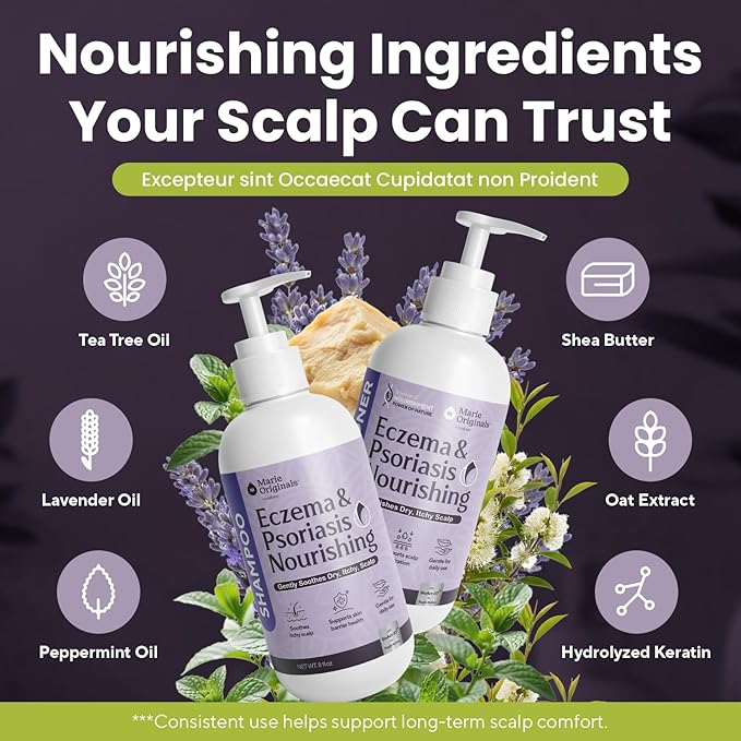 Marie Originals Eczema & Psoriasis Nourishing Shampoo and Conditioner Bundle – Itchy Scalp Relief, Dry Scalp Shampoo & Hydrating Conditioner with Tea Tree, Lavender & Peppermint – 8 oz Each