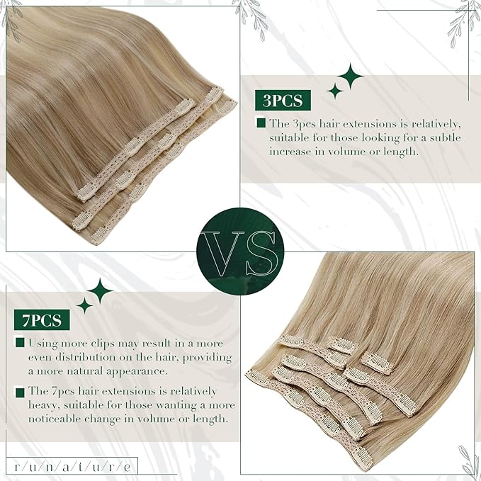 RUNATURE Clip in Hair Extensions Real Human Hair, Natural Hair Extensions Clip Ins, Remy Human Hair for Women Double Weft 16 Inch 50g 3pcs #16P22 Dark Ash Blonde Highlight Light Blonde