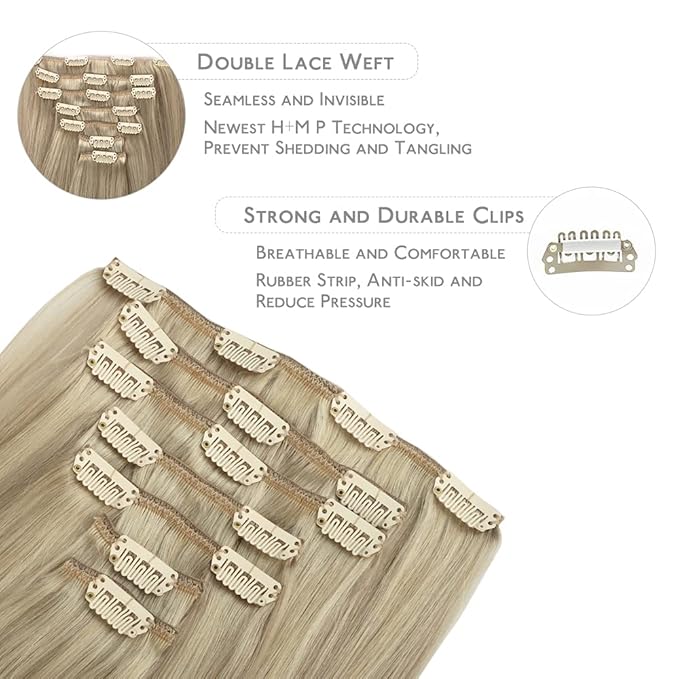 WENNALIFE Clip In Human Hair Extensions, 18 Inch 120g 7pcs Ash Blonde to Platinum Blonde Ombre Clip in Real Human Remy Hair Extensions