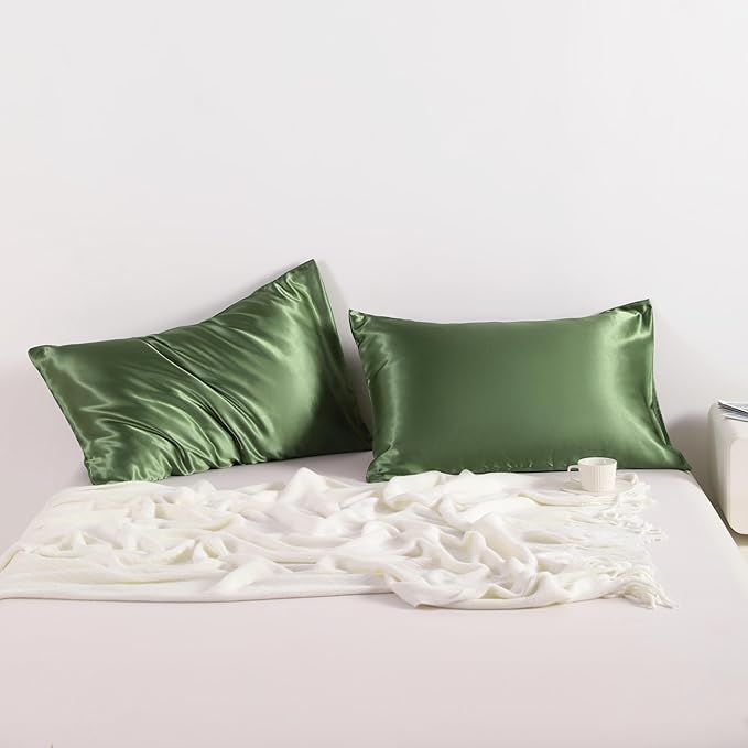 NTBAY 2 Pack Satin Standard Pillowcases for Hair and Skin, Luxurious and Silky Pillow Cases with Envelope Closure, 20x26 Inches, Olive Green