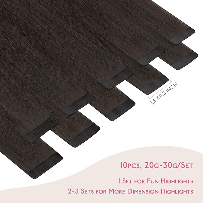 WENNALIFE Tape in Hair Extensions - Human Hair, Dark Brown, 10pcs 25g, 18 inch Remy Invisible Tape Ins, Straight, Colored, Soft, Real Human Hair Refill Set
