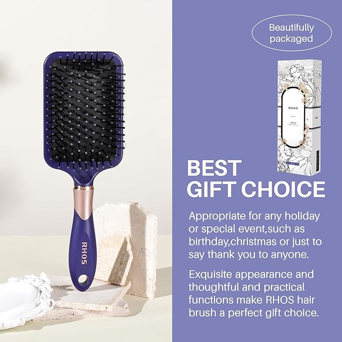 RHOS Hair Brush for Women & Men - Detangler With Nylon Bristles for Thick, Curly, Thin, Long, Wet & Dry Hair - Cushion Square Brush for Detangling, Smoothing (1 Pack-Purple)