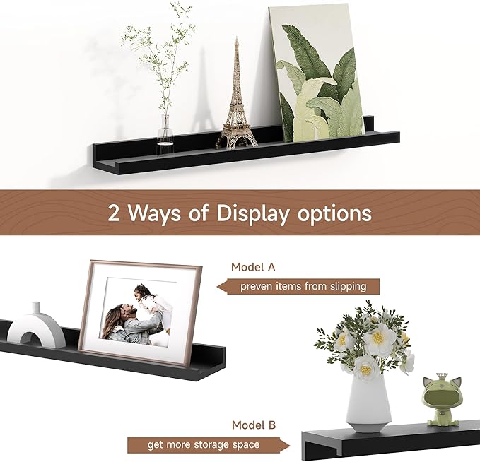 Picture Ledge Shelf for Wall, Floating Shelves Set of 4, 24 Inch Long Nursery Book Shelves for Toys Storage, Kids Bookshelf Wall Mounted for Books Photo Frames, Black