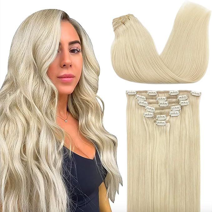 GOO GOO Clip in Hair Extensions Real Human Hair, Remy Human Hair Extensions Clip ins for Women, Natural Human Hair, 12inch 85g 7Pcs, #60A Platinum Blonde