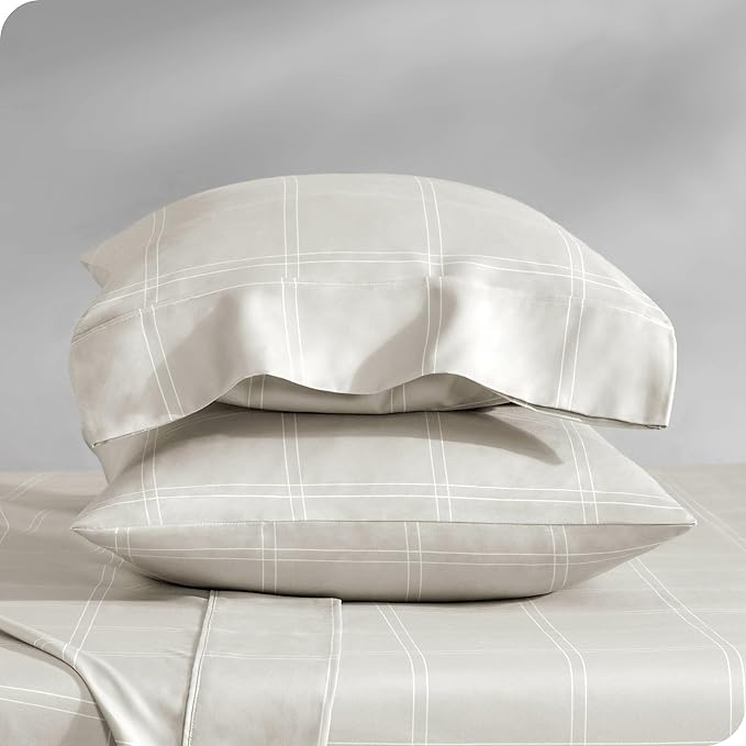Bare Home Microfiber Pillow Cases - King Size Set of 2 - Cooling Pillowcases - Double Brushed - Pillowcases 2 Pack - Easy Care (King, Modern Plaid – Stone/White)