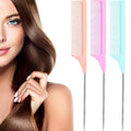 Leinuosen 3 Packs Rat Tail Comb Steel Pin Rat Tail Carbon Fiber Heat Resistant Teasing Combs with Stainless Steel Pintail (Light Blue, Light Pink, Light Purple)
