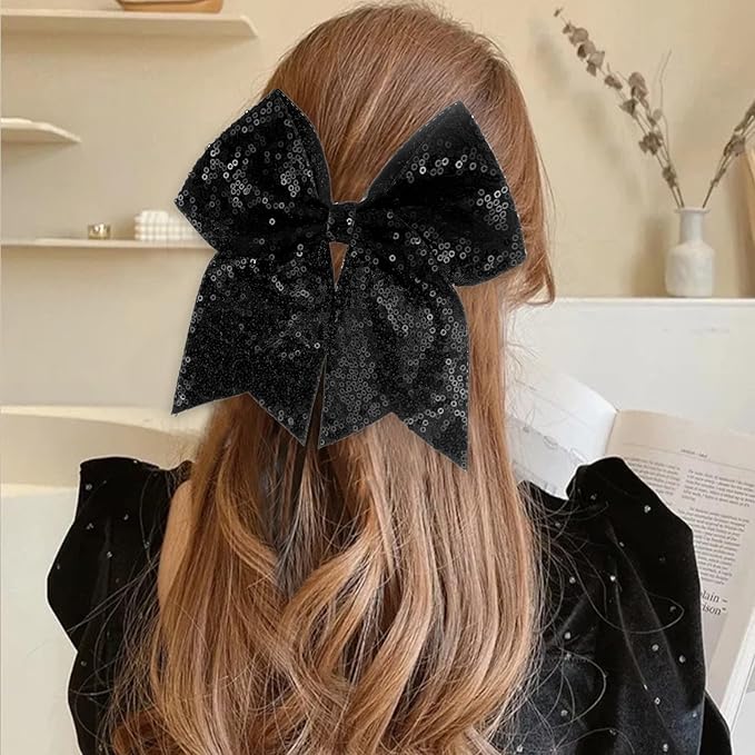 Large Big 7 Inch Glitter Bow Clip Sequin Bling Party Hair Accessories for Women Teens Girls Kids 2 Pcs (DarkPurple, Black)
