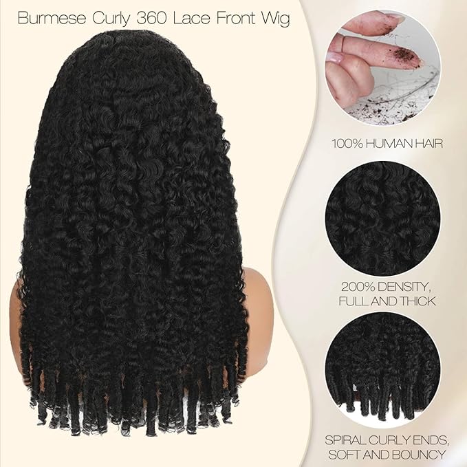 Burmese Curly Human Hair Wig with Spiral End 200% Density 360 Full HD Lace Front Wigs Human Hair Water Wave Wigs for Women 34Inch Pre Plucked with Baby Hair Tiny Knots Natural Black