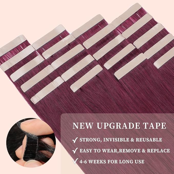 99J# Burgundy 22 Inch 20pcs Seamless Skin Weft Tape in Hair Extensions Straight Double Sided Remy Invisible
