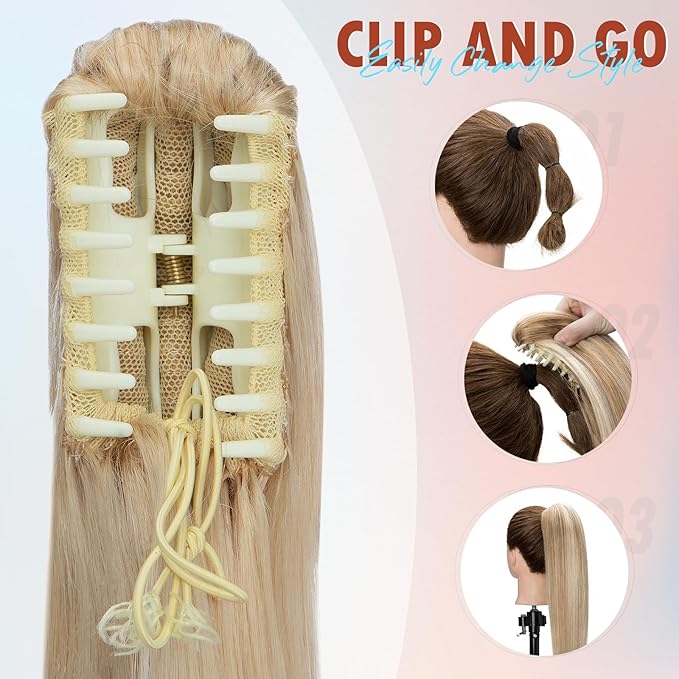 Hairro Ponytail Hair Extensions Claw Clip In Ponytails Jaw On Ponytail Extensions 100% Real Human Hair Long Straight Jaw/Claw Clips Pony Tail Hairpieces For Women 20 Inch 120g #613 Light Blonde
