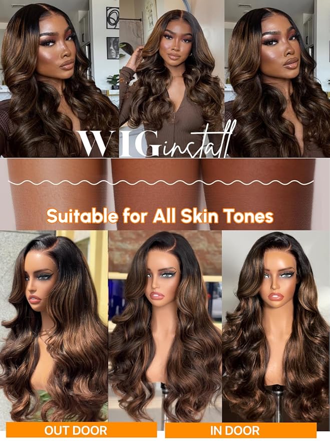 Julia Hair Bye Bye Knots Glueless Wig Highlight Balayage Brown Body Wave 7x5 Pre Cut HD Lace Front Wigs Human Hair Pre Plucked Bleached Knots Pre Everything Ready To Go Ombre Wig 24 Inch