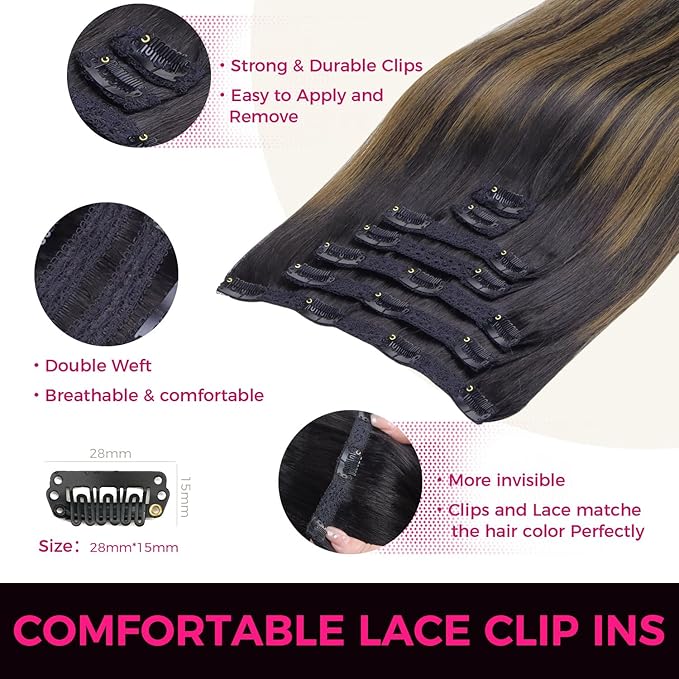 Lashey Clip in Hair Extensions Human Hair 120g 7pcs Straight Clip in Hair Extensions 14 Inch Natural Black Mixed Chestnut Brown Real Human Hair for Black Women Soft