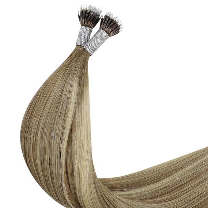 YoungSee Nano Beads Hair Extensions Human Hair Ombre Nano Extensions Human Hair Light Brown with Platinum Blonde Hair Nano-Tip Hair Extension 22inch Long Hair for Wedding 50g 50s