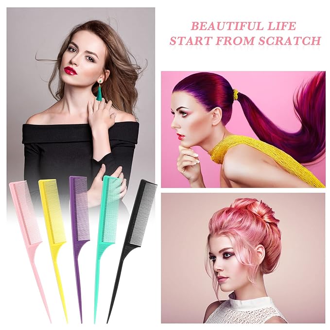 Leinuosen 10 Pcs Rat Tail Comb Styling Carbon Heat Resistant Anti Static Teasing Comb for Back Root Tease Adding Volume Evening Styling(Assorted Color)